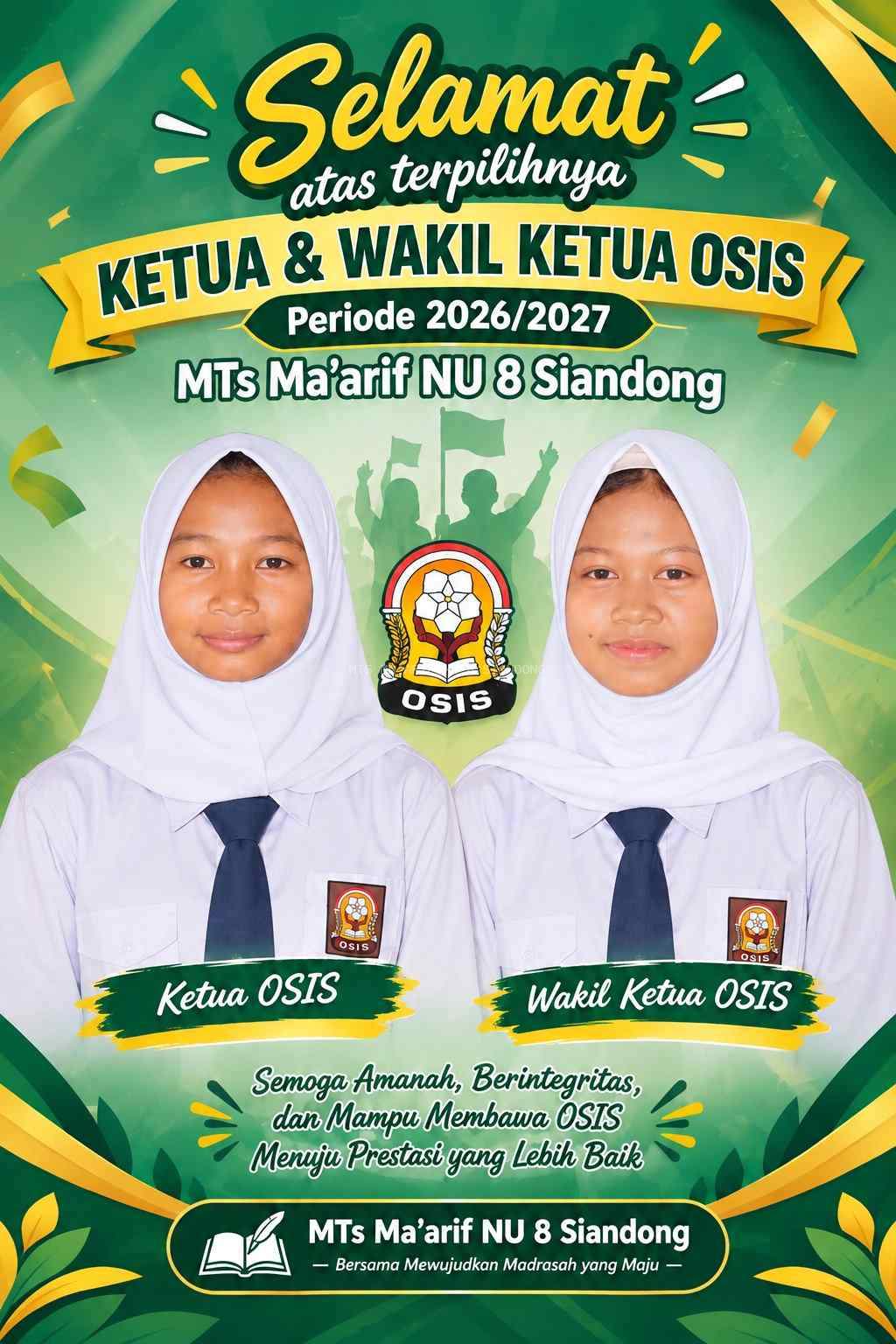 Natasya Awaliya dan Fani Friyanti Terpilih sebagai Ketua dan Wakil Ketua OSIS MTs Ma’arif NU 8 Siandong Periode 2026/2027